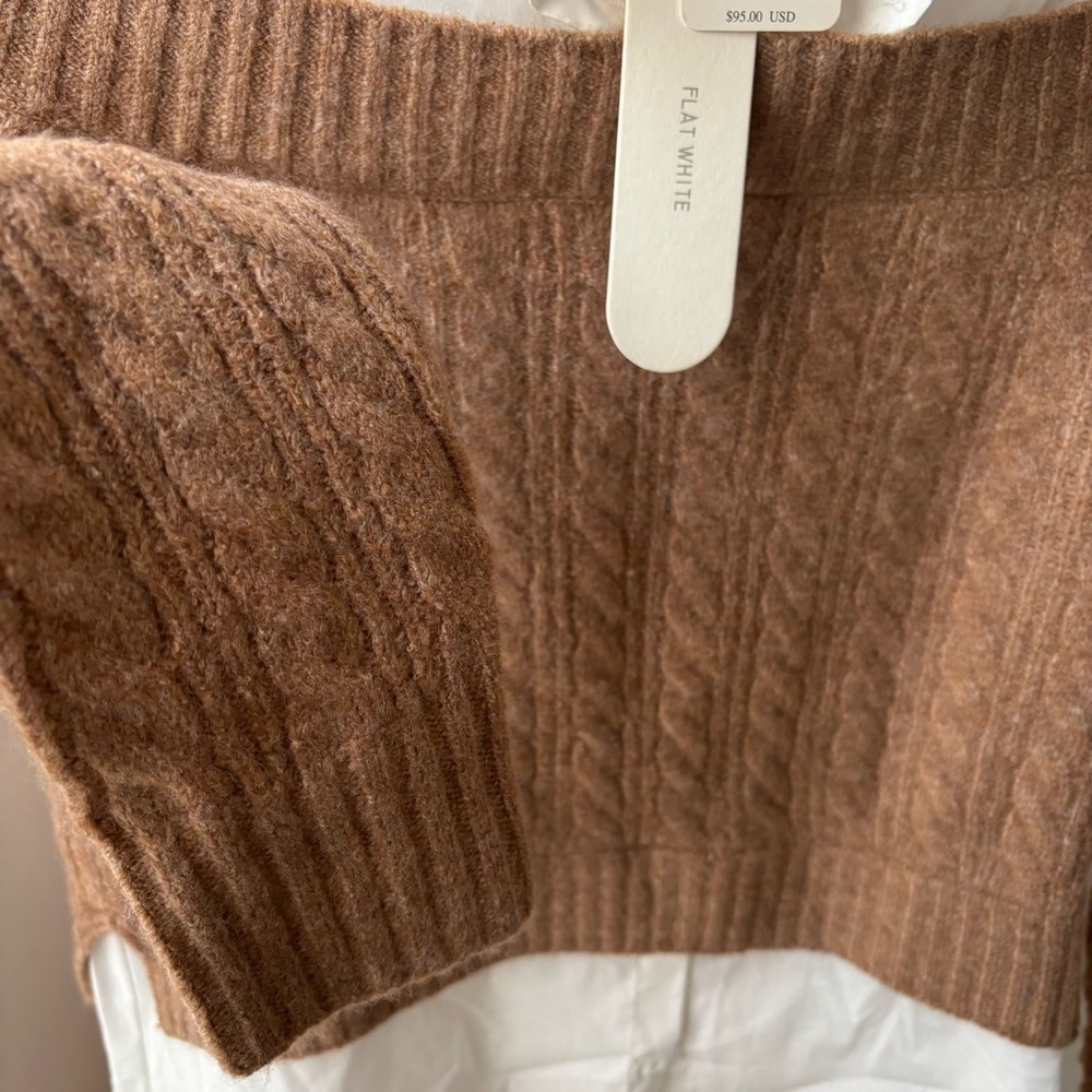 Free People Flat White Cable Knit Off Shoulder Sweater with Collar Size XS - Picture 3 of 4